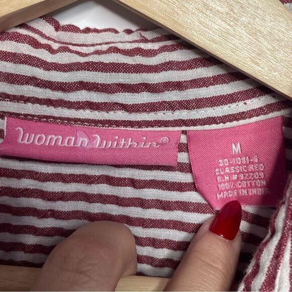 5 for $25🔥Woman Within Burgundy Striped Button Front Shirt Medium - Picture 3 of 5
